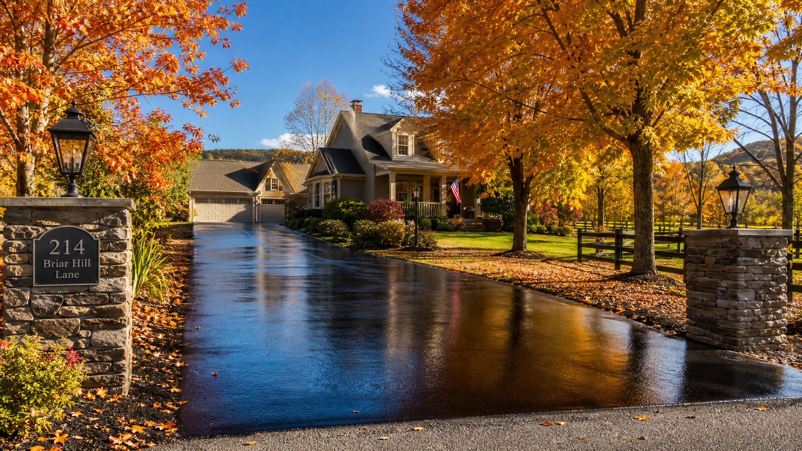 Freshly sealcoated asphalt driveway drying in warm sunlight with fall foliage in the New River Valley