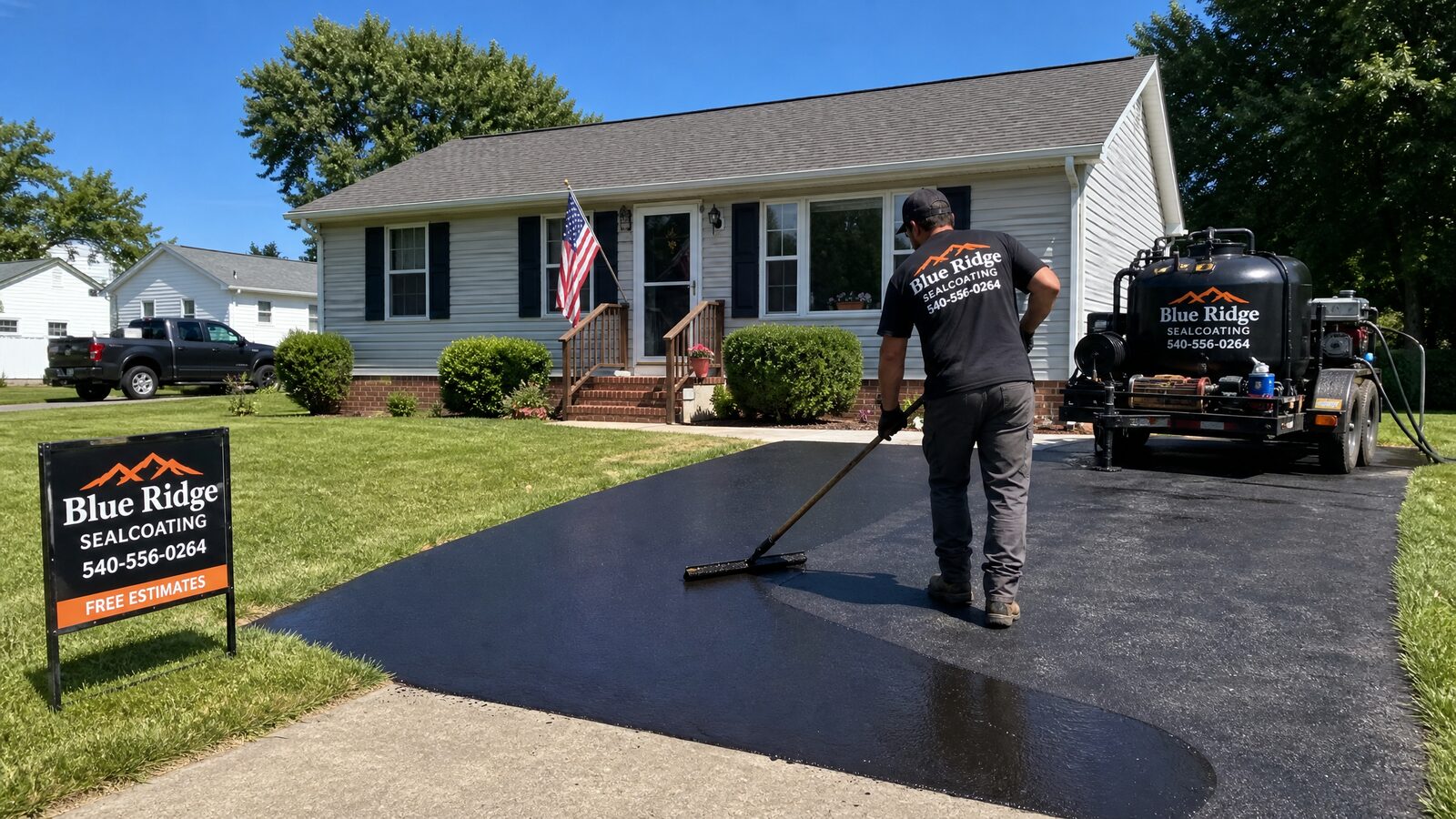 Residential driveway being sealcoated in front of a single-family home in Pulaski, VA