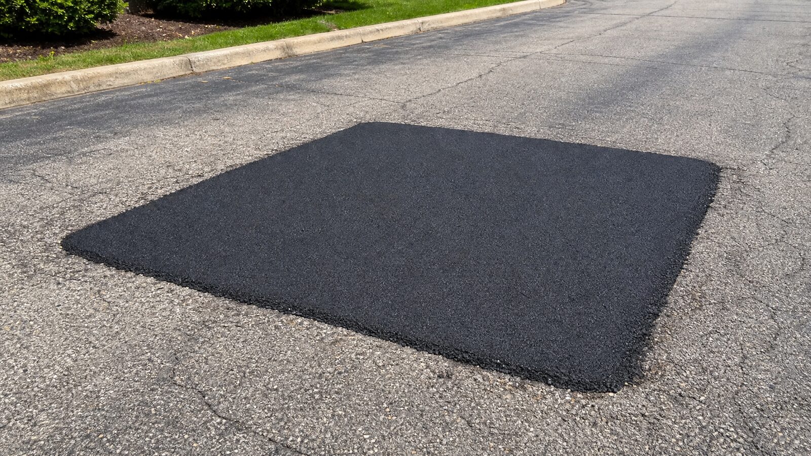 Freshly patched pothole repair with smooth black asphalt contrasting older gray pavement