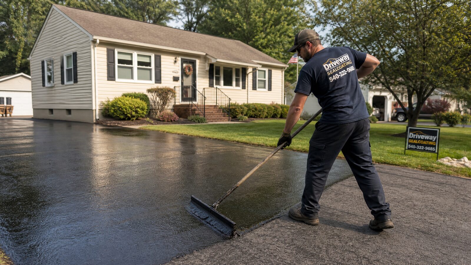 Contractor applying fresh black sealcoat to a residential asphalt driveway in Radford, VA