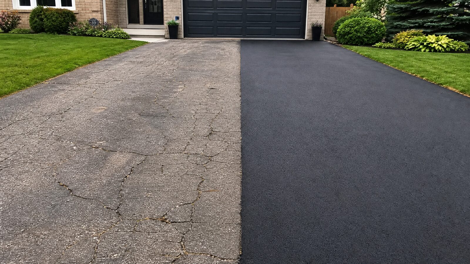Comparison of an older cracked asphalt driveway next to a smooth freshly sealed black driveway