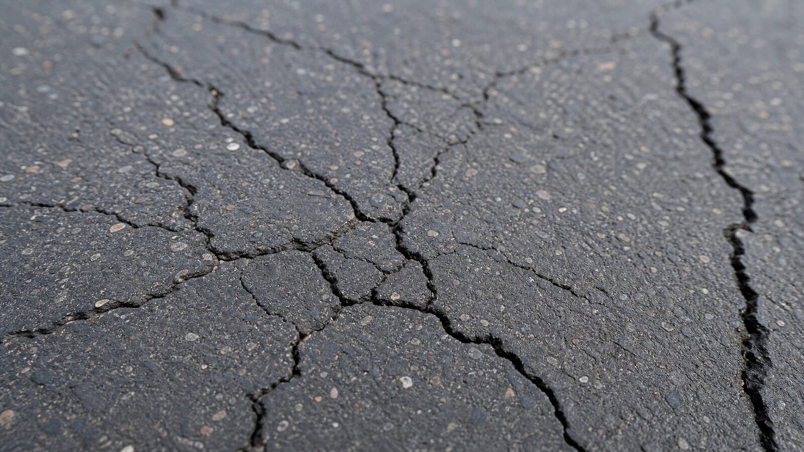 Close-up of small spider-web and line cracks spreading across an asphalt driveway surface