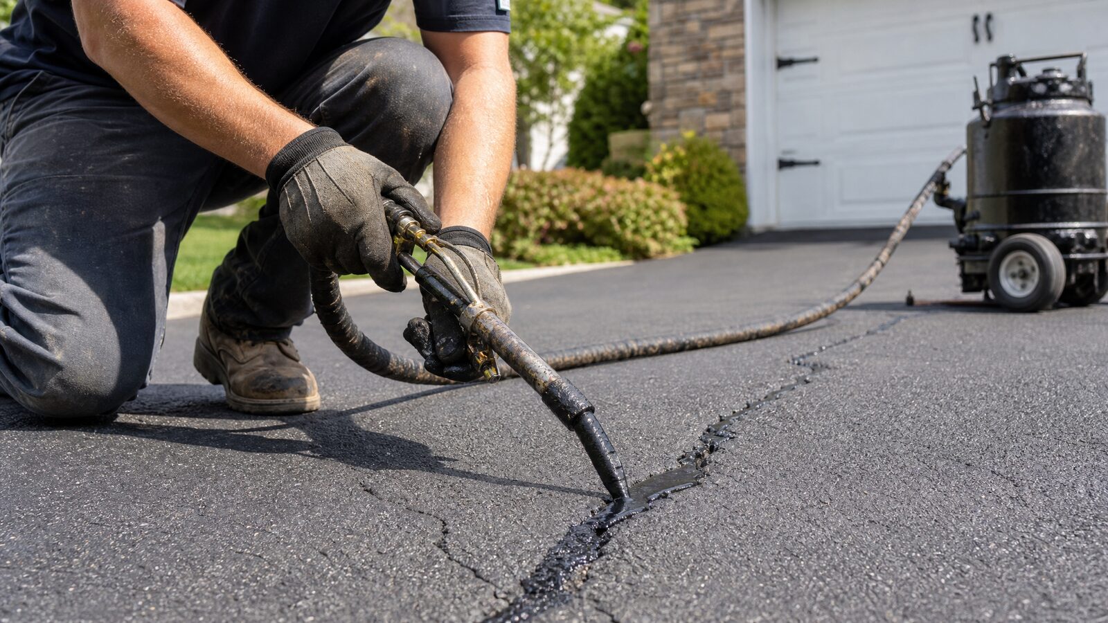 Worker filling a crack in an asphalt driveway with hot rubberized crack filler